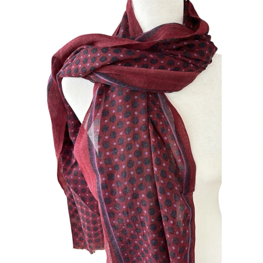 Wool Scarf 72"x28" Lightweight Maroon Navy Threads Napa Valley Polka Dot - Picture 2 of 5